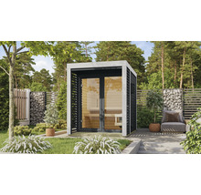 Saunahaus Karibu Sares 1 inkl. 9 kW Bio Ofen u.ext. Steuerung mit Fenster und Ganzglastür aus Klarglas anthrazit/weiß