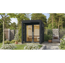 Saunahaus Karibu Hybrid 1 inkl. 9 kW Bio Ofen u.ext. Steuerung mit Fenster und Ganzglastür aus Klarglas anthrazit