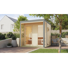 Saunahaus Karibu Sares 2 inkl. 9 KW Ofen u.ext.Steuerung mit Fenster und Ganzglastür aus Klarglas staubgrau