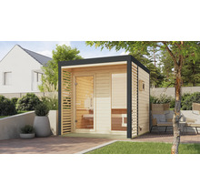 Saunahaus Karibu Hybrid 2 inkl. 9 KW Ofen u.ext.Steuerung mit Fenster und Ganzglastür aus Klarglas Metallumrahmung anthrazit