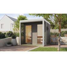 Saunahaus Karibu Sares 2 inkl. 9 KW Ofen u.ext.Steuerung mit Fenster und Ganzglastür aus Klarglas terragrau/weiß