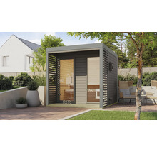 Saunahaus Karibu Sares 2 inkl. 9 KW Ofen u.ext.Steuerung mit Fenster und Ganzglastür aus Klarglas staubgrau/terragrau
