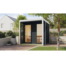 Saunahaus Karibu Sares 2 inkl. 9 kW Bio Ofen u.ext. Steuerung mit Fenster und Ganzglastür aus Klarglas anthrazit/weiß