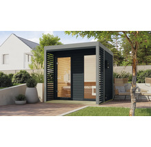 Saunahaus Karibu Sares 2 inkl. 9 KW Ofen u.ext.Steuerung mit Fenster und Ganzglastür aus Klarglas anthrazit/staubgrau