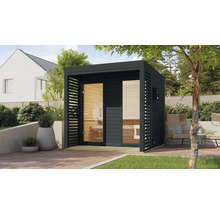 Saunahaus Karibu Hybrid 2 inkl. 9 KW Ofen u.ext.Steuerung mit Fenster und Ganzglastür aus Klarglas anthrazit