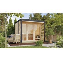 Saunahaus Karibu Hybrid 3 ohne Ofen mit Fenster und Ganzglastür aus Klarglas anthrazit