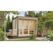 Saunahaus Karibu Sares 3 inkl. 9 KW Ofen u.ext.Steuerung mit Fenster und Ganzglastür aus Klarglas staubgrau
