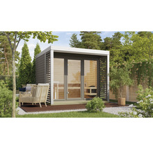 Saunahaus Karibu Sares 3 inkl. 9 KW Ofen u.ext.Steuerung mit Fenster und Ganzglastür aus Klarglas terragrau/weiß
