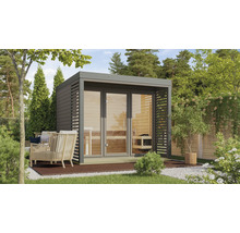 Saunahaus Karibu Sares 3 inkl. 9 KW Ofen u.ext.Steuerung mit Fenster und Ganzglastür aus Klarglas staubgrau/terragrau