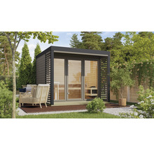 Saunahaus Karibu Sares 3 inkl. 9 KW Ofen u.ext.Steuerung mit Fenster und Ganzglastür aus Klarglas anthrazit/terragrau
