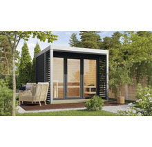 Saunahaus Karibu Sares 3 inkl. 9 KW Ofen u.ext.Steuerung mit Fenster und Ganzglastür aus Klarglas anthrazit/weiß