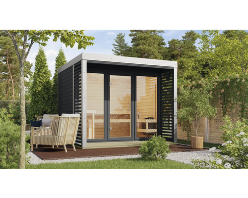 Saunahaus Karibu Sares 3 inkl. 9 kW Bio Ofen u.ext. Steuerung mit Fenster und Ganzglastür aus Klarglas anthrazit/weiß Saunahaus Karibu Sares 3 inkl. 9 kW Bio Ofen u.ext. Steuerung mit Fenster und Ganzglastür aus Klarglas anthrazit/weiß