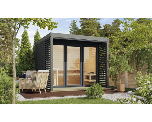 Saunahaus Karibu Sares 3 inkl. 9 kW Bio Ofen u.ext. Steuerung mit Fenster und Ganzglastür aus Klarglas anthrazit/staubgrau Saunahaus Karibu Sares 3 inkl. 9 kW Bio Ofen u.ext. Steuerung mit Fenster und Ganzglastür aus Klarglas anthrazit/staubgrau