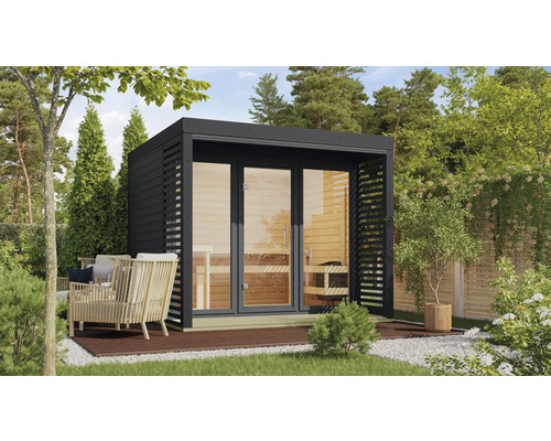 Saunahaus Karibu Hybrid 3 inkl. 9 kW Bio Ofen u.ext. Steuerung mit Fenster und Ganzglastür aus Klarglas anthrazit Saunahaus Karibu Hybrid 3 inkl. 9 kW Bio Ofen u.ext. Steuerung mit Fenster und Ganzglastür aus Klarglas anthrazit