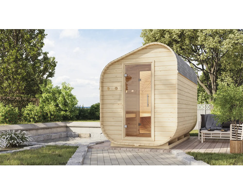 Fasssauna Karibu Rondi asymetrisch 3 inkl. 9 KW Ofen und externer Steuerung mit Vorraum und Ganzglastür aus Klarglas Holzfasssauna mit Glastür im Garten