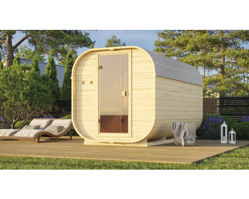 Fasssauna Karibu Quadrado 3 inkl. 9 kW Bio Ofen u.ext. Steuerung mit Vorraum und bronzierter Ganzglastüre Außensauna aus Holz mit Glastür auf einer Holzterrasse