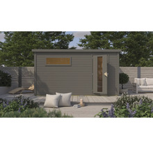 Saunahaus Karibu Talos 6 inkl. 9 KW Ofen u.ext.Steuerung mit Vorraum und Holztür und Isolierglas terragrau