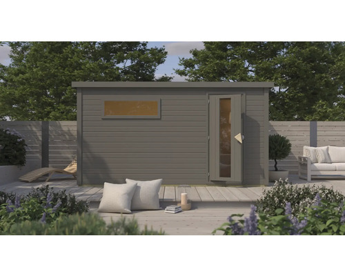 Saunahaus Karibu Talos 6 inkl. 9 KW Ofen u.ext.Steuerung mit Vorraum und Holztür und Isolierglas terragrau Saunahaus Karibu Talos 6 inkl. 9 KW Ofen u.ext.Steuerung mit Vorraum und Holztür und Isolierglas terragrau