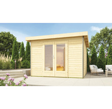 Saunahaus Karibu Sainburga 1 inkl. 9 KW Ofen u.ext.Steuerung mit Vorraum und Holztüre mit Klarglas