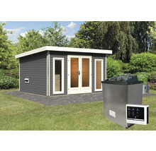 Saunahaus Karibu Sainburga 2 inkl. 9 KW Ofen u.ext.Steuerung mit Vorraum und bronzierter Ganzglastüre terragrau