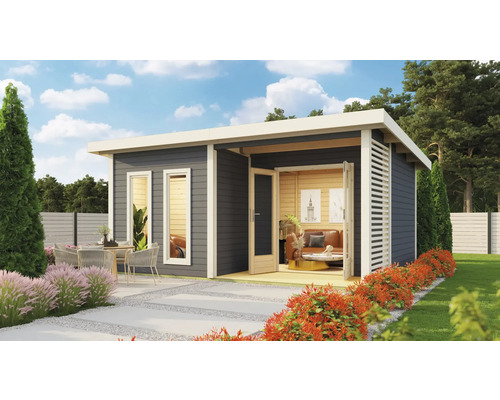 Modernes Gartenhaus mit Terrasse, Fenstern und Gartenmöbeln