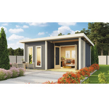 Modernes Gartenhaus mit Terrasse und Gartenmöbeln.