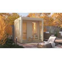Saunahaus Karibu Angkora 2 inkl. 9 kW Bio Ofen u.ext. Steuerung mit Fenster und Ganzglastür aus Klarglas