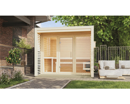 Außensauna aus Holz mit Glastüren im Garten