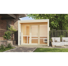 Saunahaus Karibu Angkora 3 inkl. 9 KW Ofen u.ext.Steuerung mit Fenster und Ganzglastür aus Klarglas