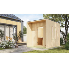 Saunahaus Karibu Sagunas inkl. 9 kW Bio Ofen u.ext. Steuerung mit Fenster und Ganzglastür aus Klarglas