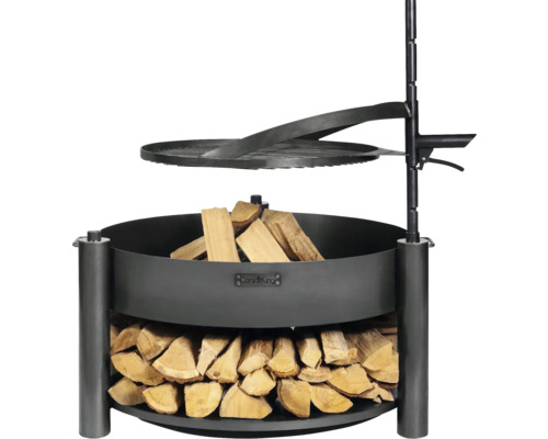Feuerschale Montana X inkl. Holzlager & Zubehör Cook King 88 x 36 cm schwarz Feuerstelle mit Holz und Grillrost
