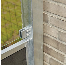 Detail einer Gartentür mit Glaselement und Metallrahmen