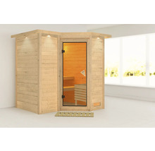 Holzsauna mit Glastür und Innenbeleuchtung