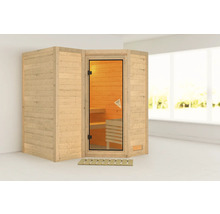 Elementsauna Karibu Melanit 1 ohne Ofen und Dachkranz mit bronzierter Ganzglastüre