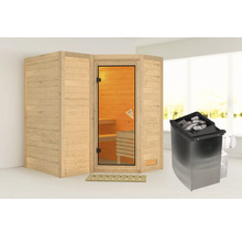 Sauna aus Holz mit Glastür und Saunaofen