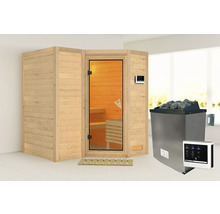 Sauna aus Holz mit Glastür und Saunaofen