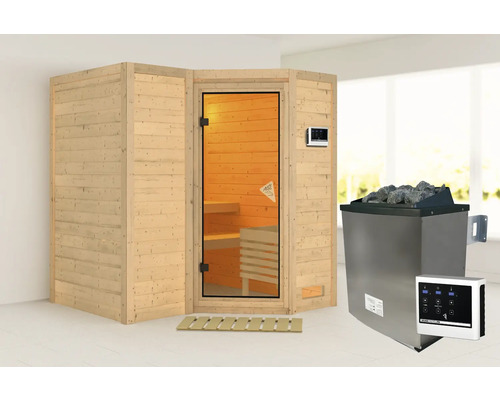 Elementsauna Karibu Melanit 1 inkl.9 kW Ofen u.ext.Steuerung mit Dachkranz und bronzierter Ganzglastüre