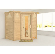 Holzsauna mit Glastür und Beleuchtung