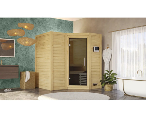Elementsauna Karibu Melanit 1 inkl.9 kW Ofen u.ext.Steuerung ohne Dachkranz und graphitfarbiger Ganzglastüre Elementsauna Karibu Melanit 1 inkl.9 kW Ofen u.ext.Steuerung ohne Dachkranz und graphitfarbiger Ganzglastüre