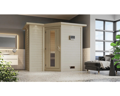 Holzsauna mit Glastür und Steuerungselement in einem modern gestalteten Badezimmer.