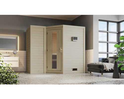 Sauna aus Holz mit Glastür und Steuerungselementen in einem Badezimmer