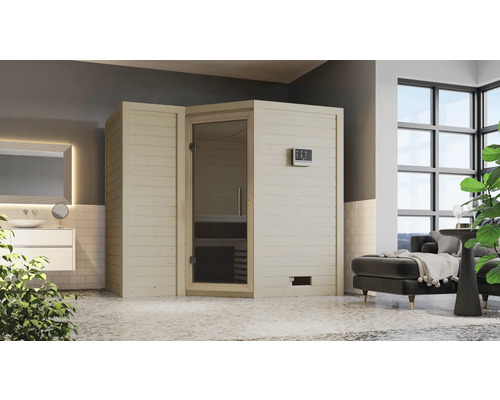 Sauna aus Holz mit Glastür in einem Badezimmer