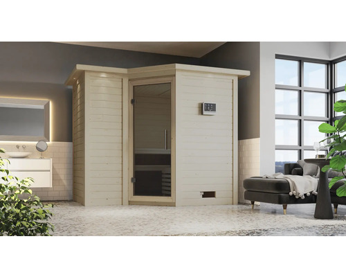 Innenraumbild mit einer Sauna aus Holz mit Glastür und digitalem Bedienfeld in einem Badezimmer.