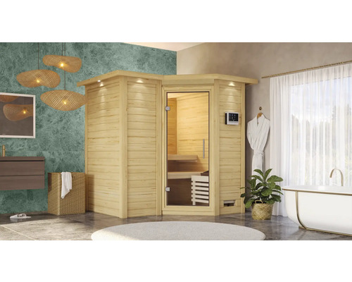 Elementsauna Karibu Melanit 1 inkl.9 kW Ofen u.ext.Steuerung mit Dachkranz und Ganzglastüre aus Klarglas
