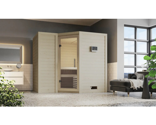 Massivholzsauna Karibu Melanit 2 inkl. 9 kW Ofen u.ext.Steuerung ohne Dachkranz mit Ganzglastüre aus Klarglas Massivholzsauna Karibu Melanit 2 inkl. 9 kW Ofen u.ext.Steuerung ohne Dachkranz mit Ganzglastüre aus Klarglas