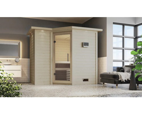 Moderne Innensauna aus Holz mit Glastür und Steuerungselement im Badezimmer.