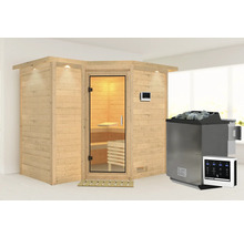 Elementsauna Karibu Melanit 2 inkl. 9 kW Bio Ofen u.ext.Steuerung mit Dachkranz und Ganzglastüre aus Klarglas