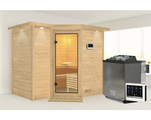 Elementsauna Karibu Melanit 2 inkl. 9 kW Bio Ofen u.ext.Steuerung mit Dachkranz und Ganzglastüre aus Klarglas