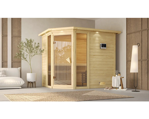Massivholzsauna Karibu Saphir inkl. 8 kW Bio Ofen u.ext.Steuerung mit Dachkranz und bronzierter Ganzglastüre Innensauna aus Holz mit Glastür und digitalem Bedienfeld in einem hellen Raum