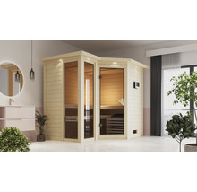 Elementsauna Karibu Limonit inkl. 9 kW Bio Ofen u.ext.Steuerung mit Dachkranz und bronzierter Ganzglastüre